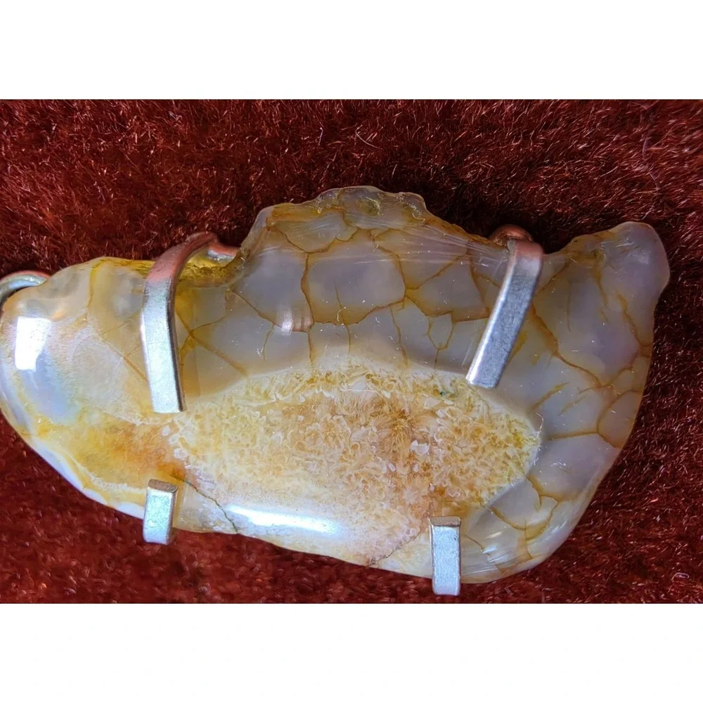 Vintage Sterling‎ Silver And Agate Pendant Charm Orange White Boho Crystal